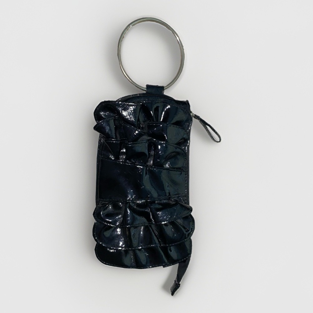 Chateau Black Patent Faux Leather Ruffle Wristlet Clutch Metal Ring Handle Bag